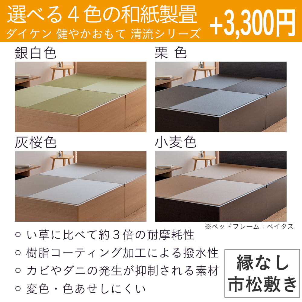 ダイケン健やかおもて清流カラーを使った縁なし・市松敷き仕様の国産和紙製畳のカラーバリエーション設置イメージと特徴